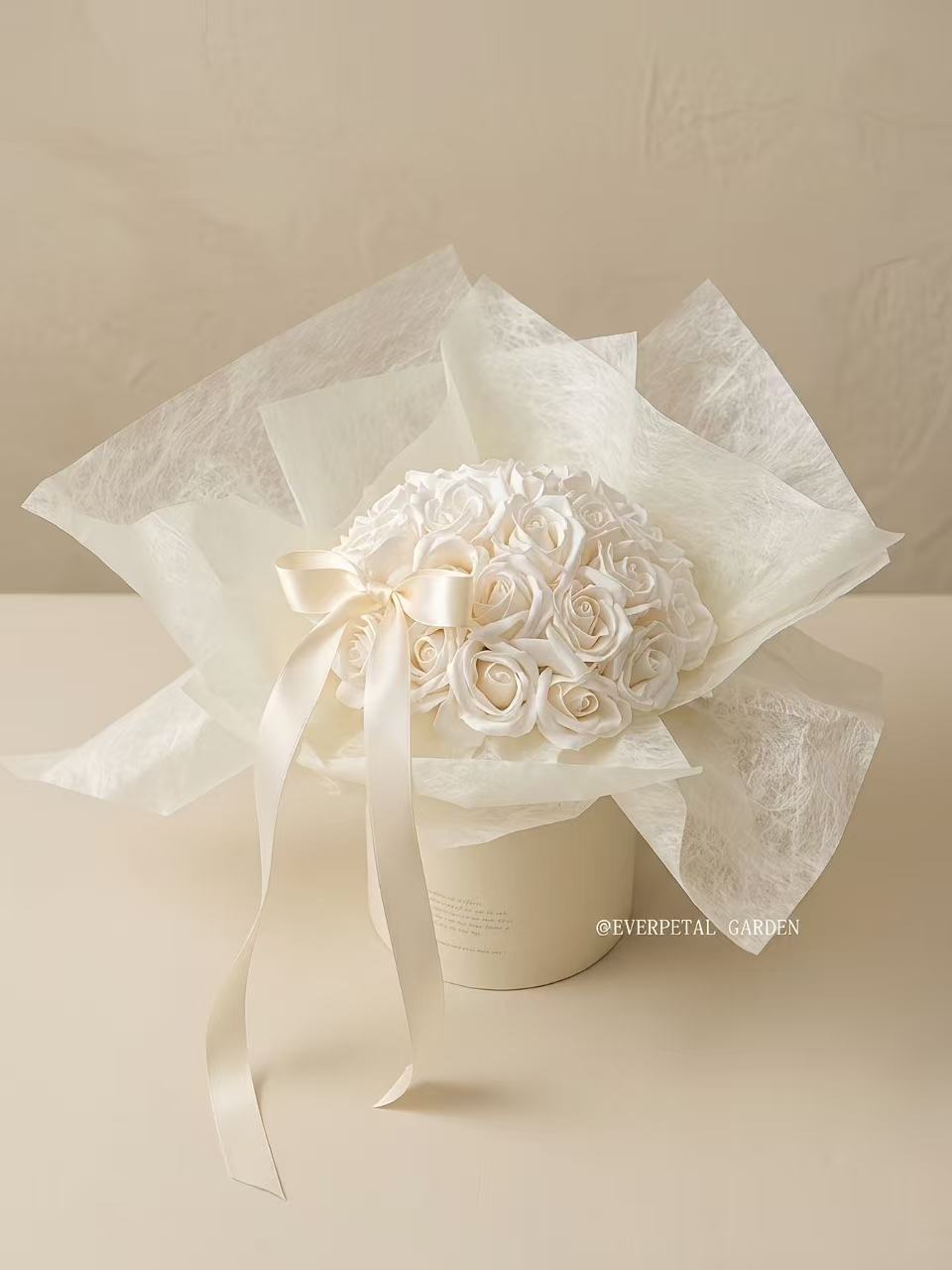Creamy Poem | Grand Creamy White Soap Flower Ribbon Bucket