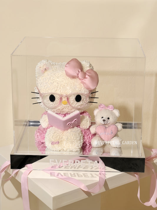 Creative Book-Reading Kitty Preserved Flower Box