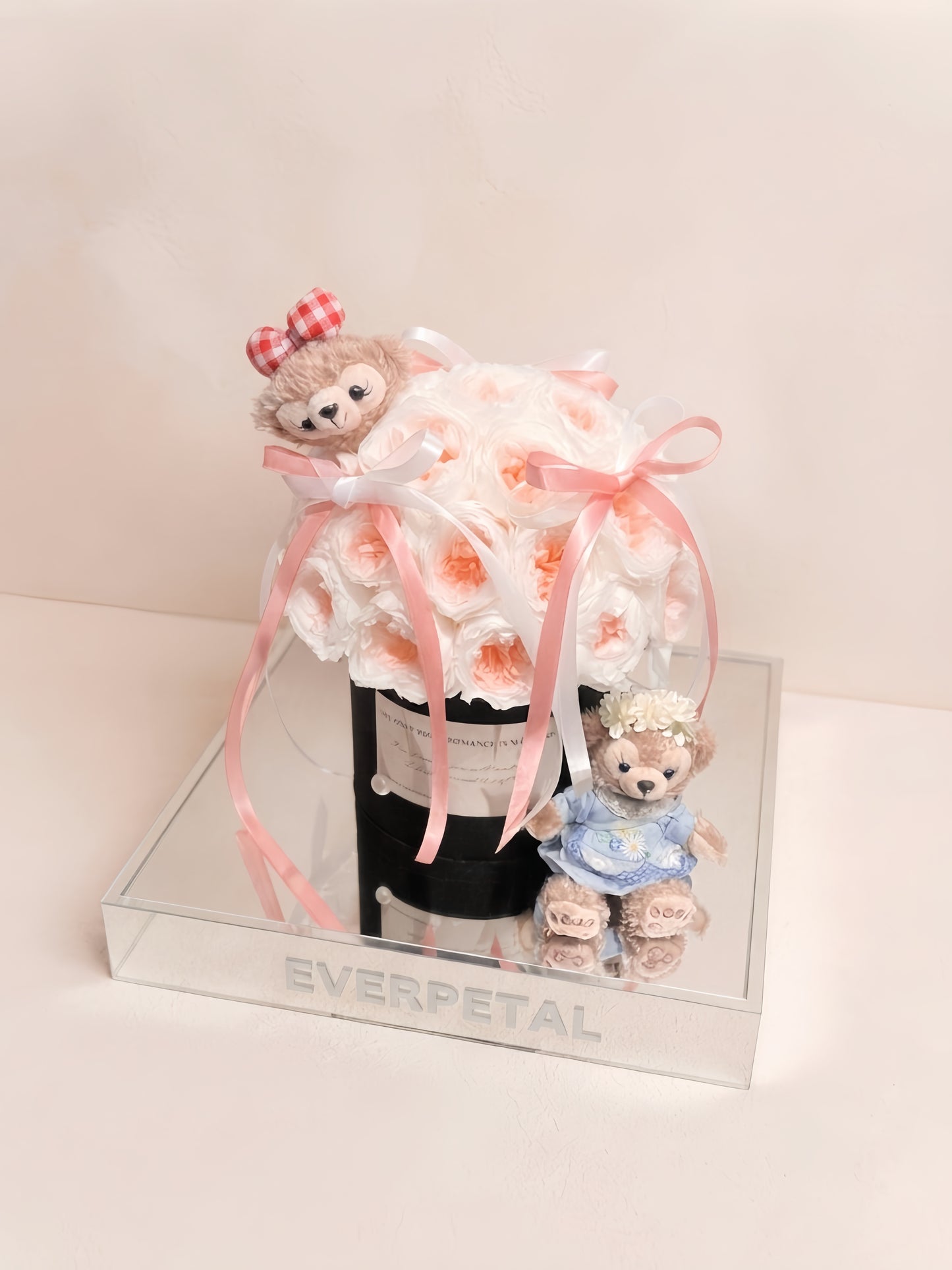 Pink-White Austin Rose & Plush Buddy Bucket