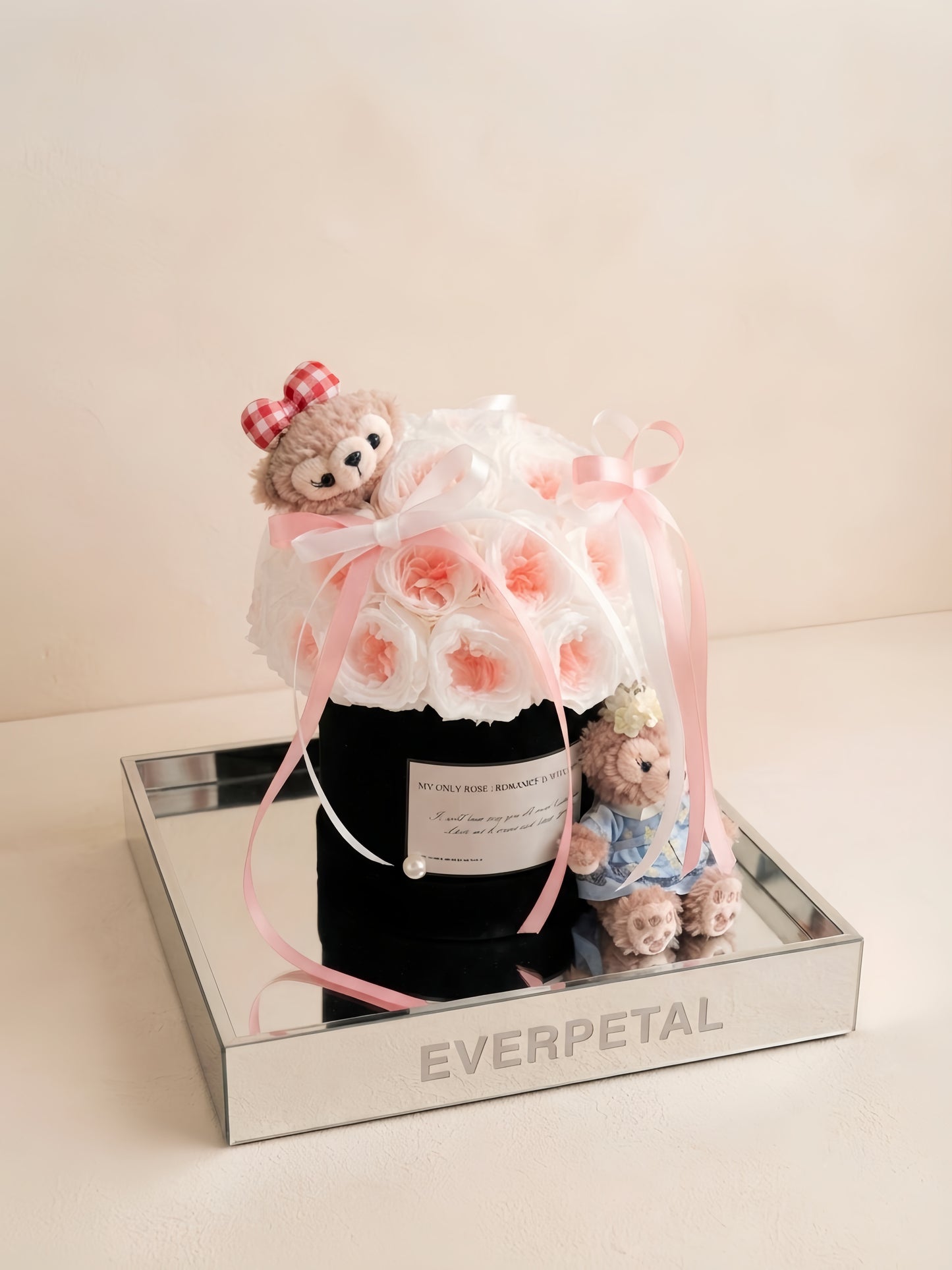 Pink-White Austin Rose & Plush Buddy Bucket